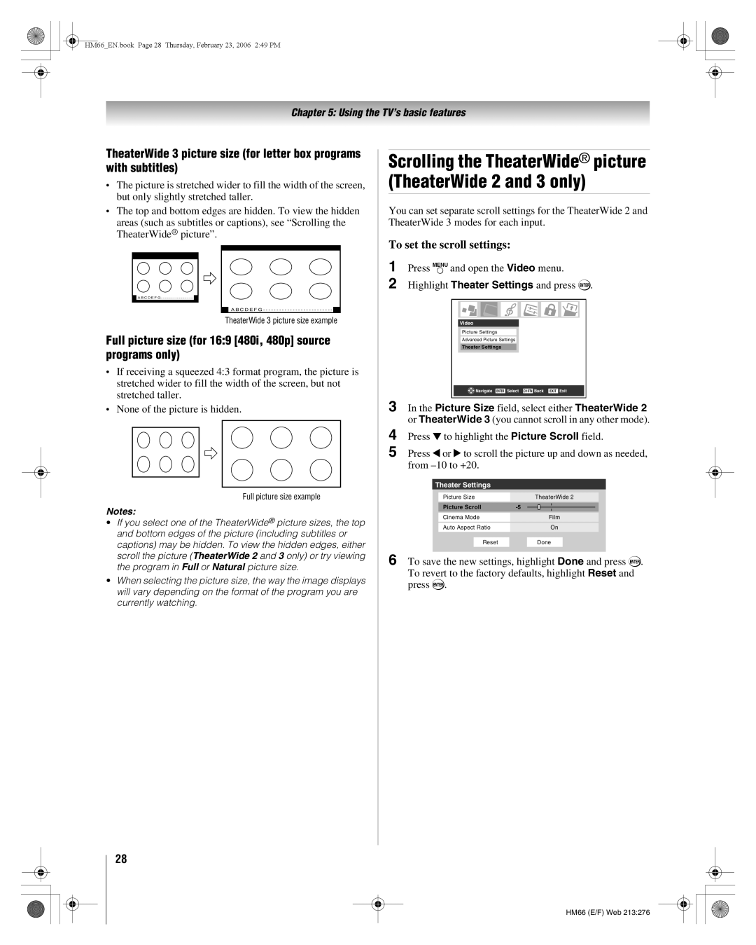 Toshiba 56HM66, 50HM66 manual Full picture size for 169 480i, 480p source programs only, To set the scroll settings 