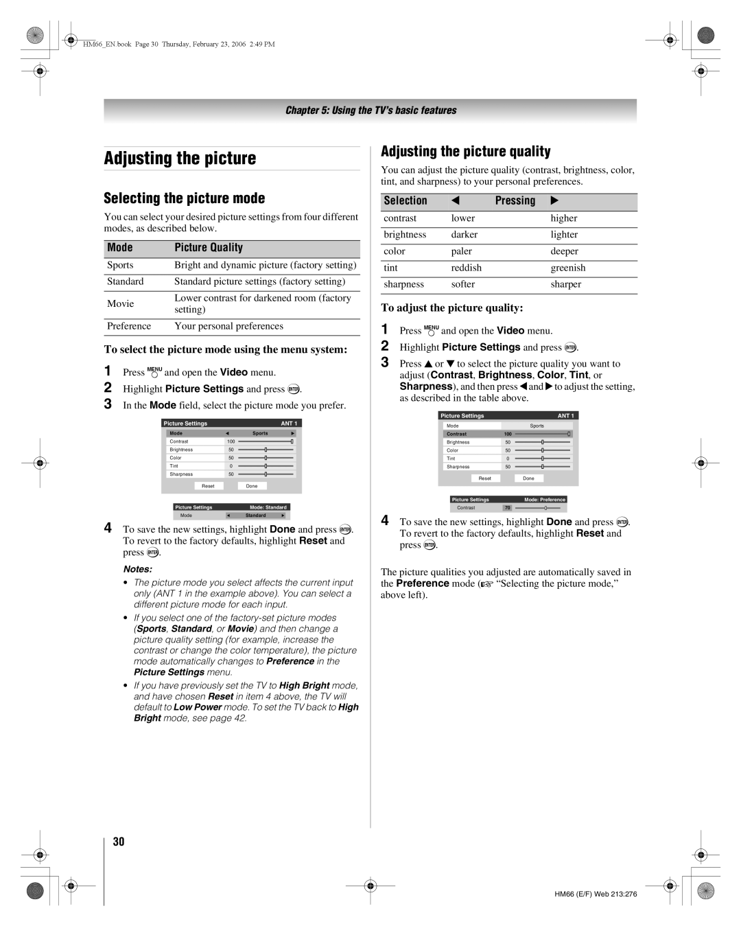 Toshiba 56HM66 Selecting the picture mode, Adjusting the picture quality, Mode Picture Quality, Selection Pressing 