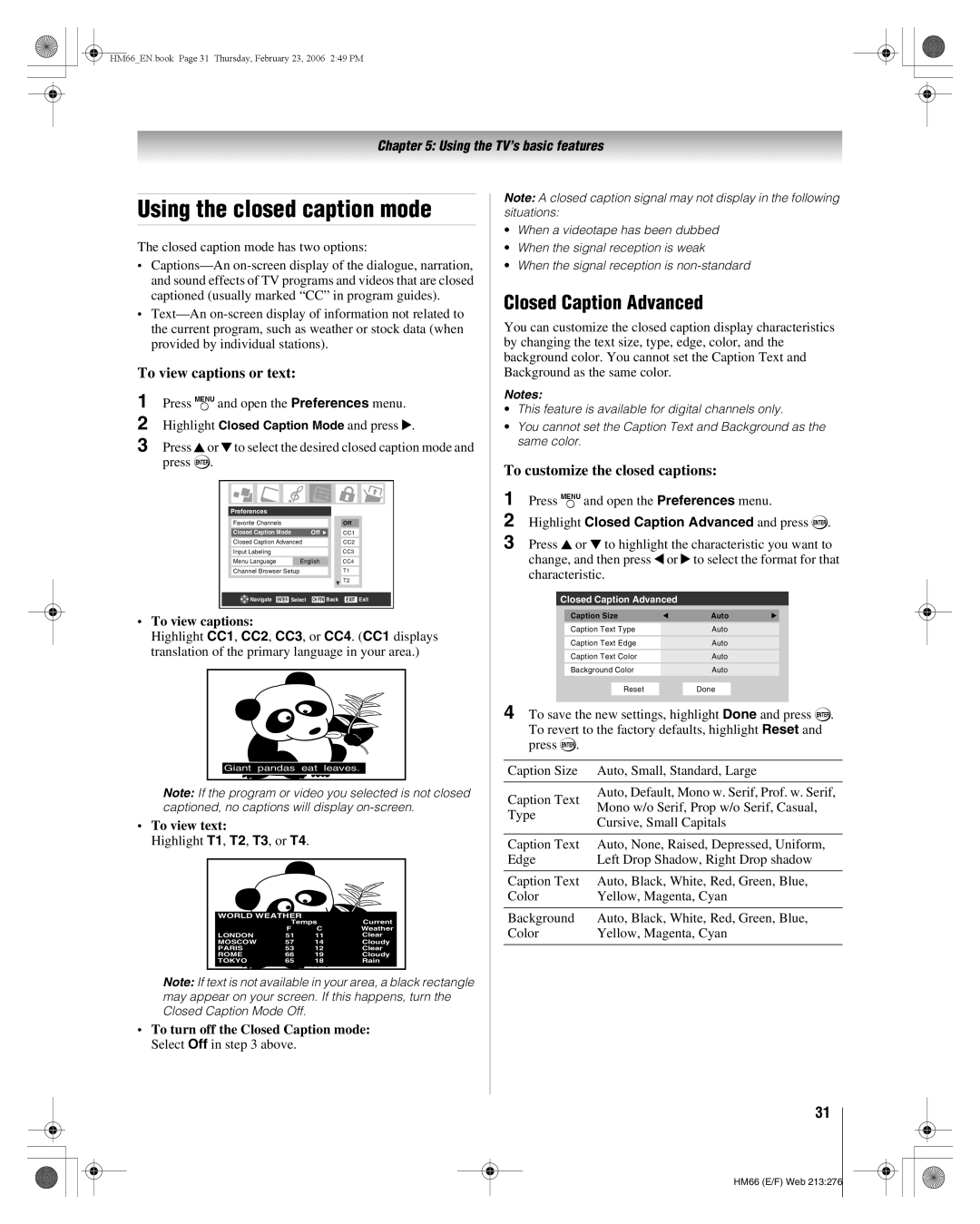 Toshiba 50HM66, 56HM66 manual Using the closed caption mode, Closed Caption Advanced, To view captions or text 