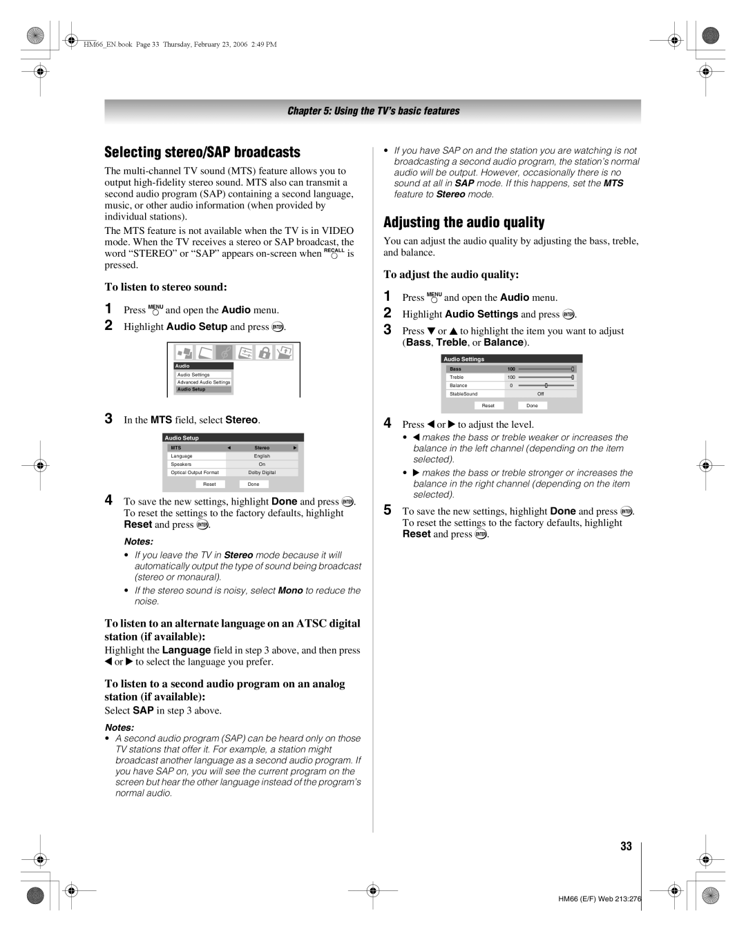 Toshiba 50HM66, 56HM66 manual Selecting stereo/SAP broadcasts, Adjusting the audio quality, To listen to stereo sound 