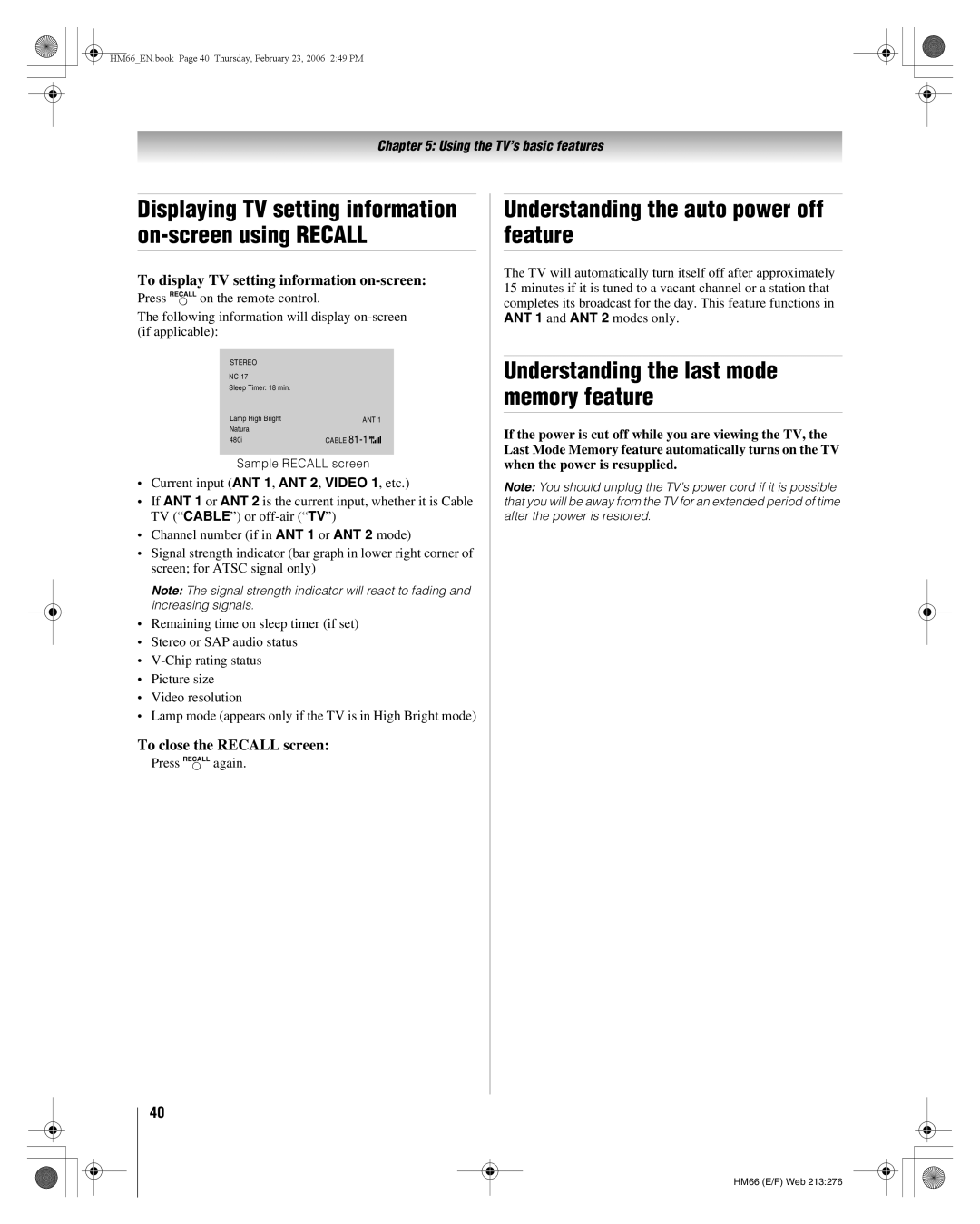 Toshiba 56HM66, 50HM66 Understanding the auto power off feature, Understanding the last mode memory feature, Press Eagain 