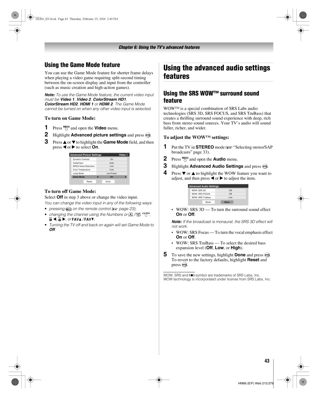 Toshiba 50HM66, 56HM66 manual Using the advanced audio settings features, Using the Game Mode feature 