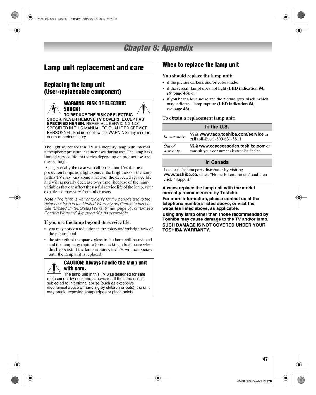 Toshiba 50HM66, 56HM66 manual Appendix, Lamp unit replacement and care, When to replace the lamp unit, Canada 