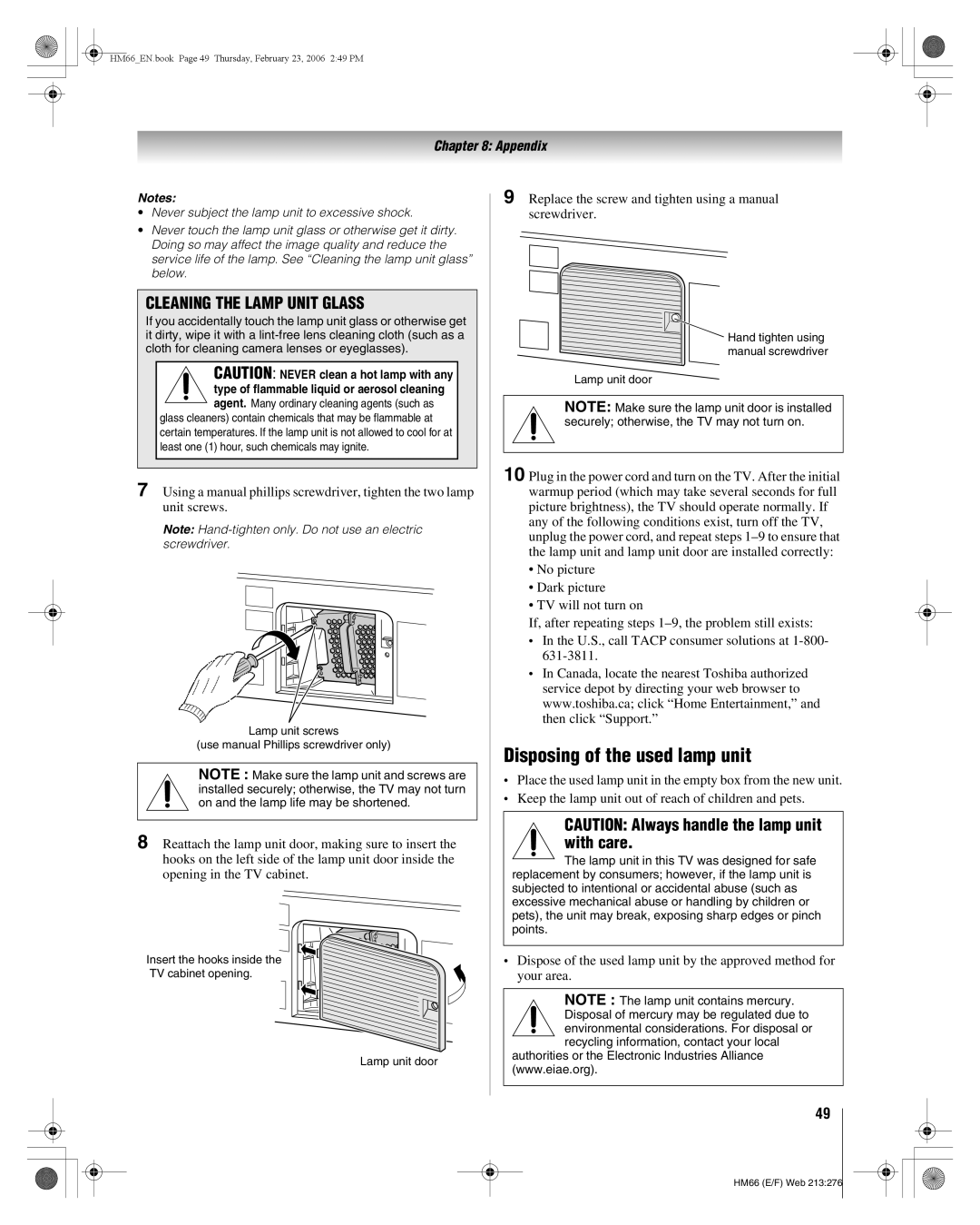 Toshiba 50HM66, 56HM66 Disposing of the used lamp unit, Replace the screw and tighten using a manual screwdriver 