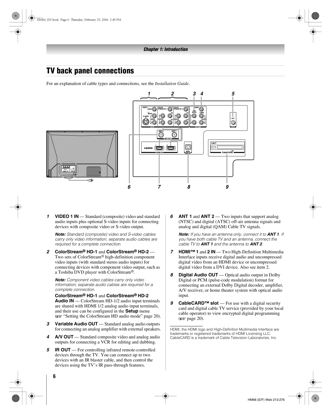 Toshiba 56HM66, 50HM66 manual TV back panel connections, ColorStream HD-1 and ColorStream HD-2 