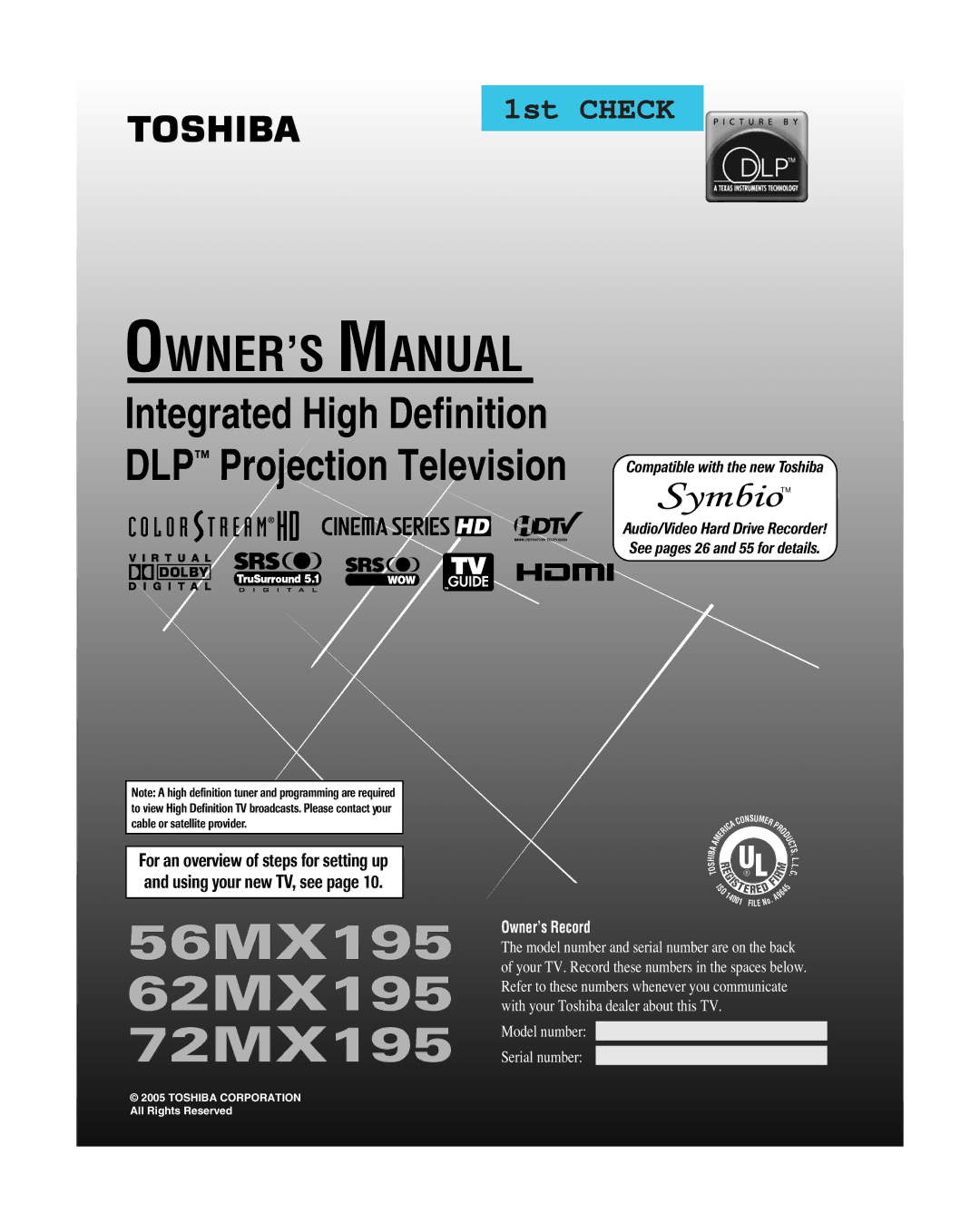 Toshiba owner manual 56MX195 62MX195 72MX195 