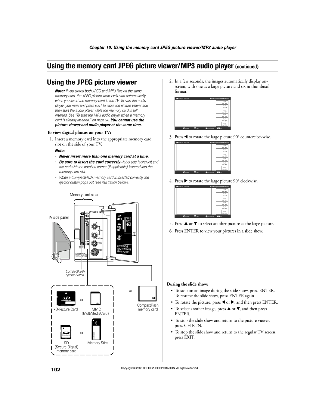 Toshiba 56MX195 owner manual Using the Jpeg picture viewer, To view digital photos on your TV, During the slide show 