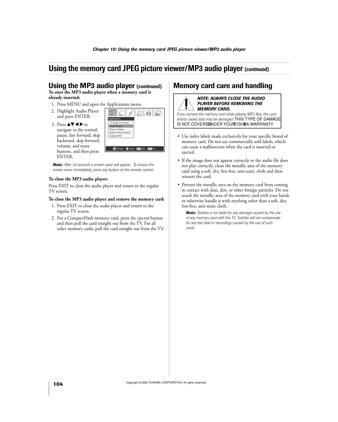 Toshiba 56MX195 owner manual Memory card care and handling, To close the MP3 audio player 