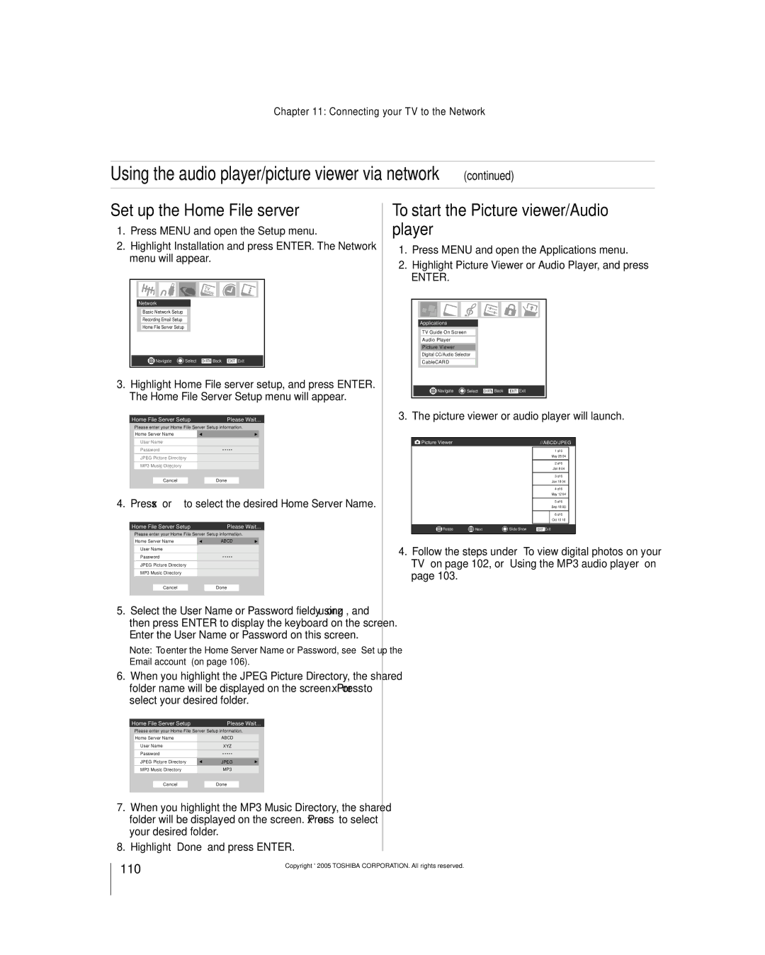 Toshiba 56MX195 owner manual Set up the Home File server, To start the Picture viewer/Audio player 