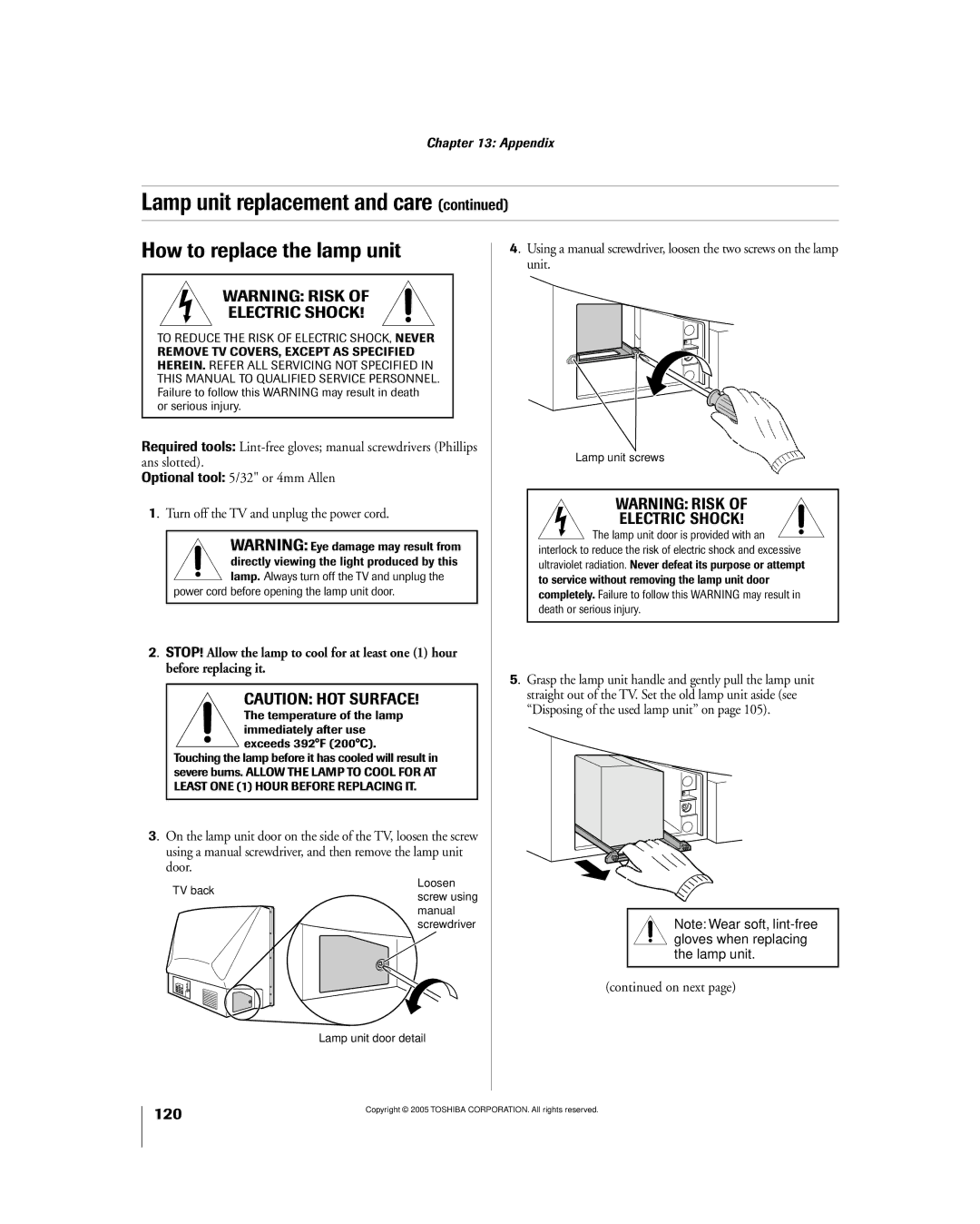 Toshiba 56MX195 How to replace the lamp unit, Grasp the lamp unit handle and gently pull the lamp unit, On next 