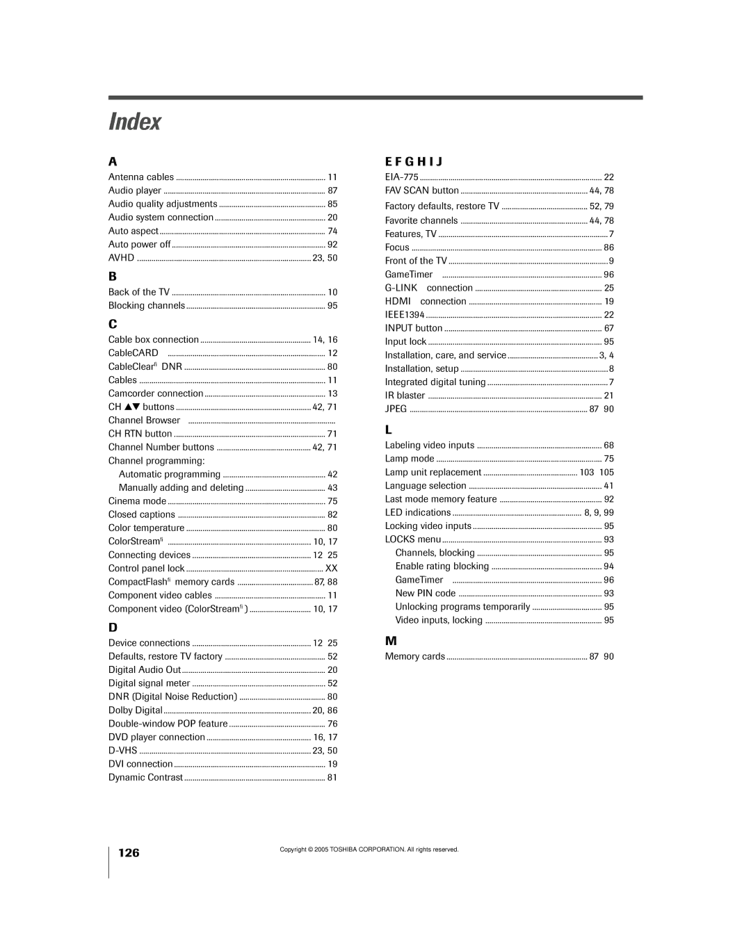 Toshiba 56MX195 owner manual Index, Channel programming, 87-90 