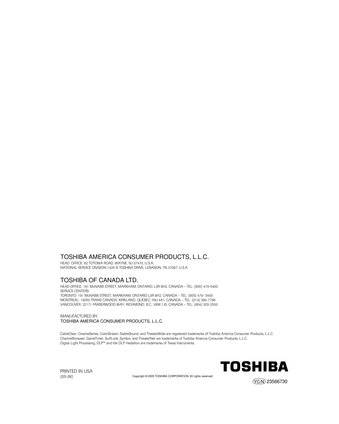 Toshiba 56MX195 owner manual Toshiba America Consumer PRODUCTS, L.L.C, 05-08 