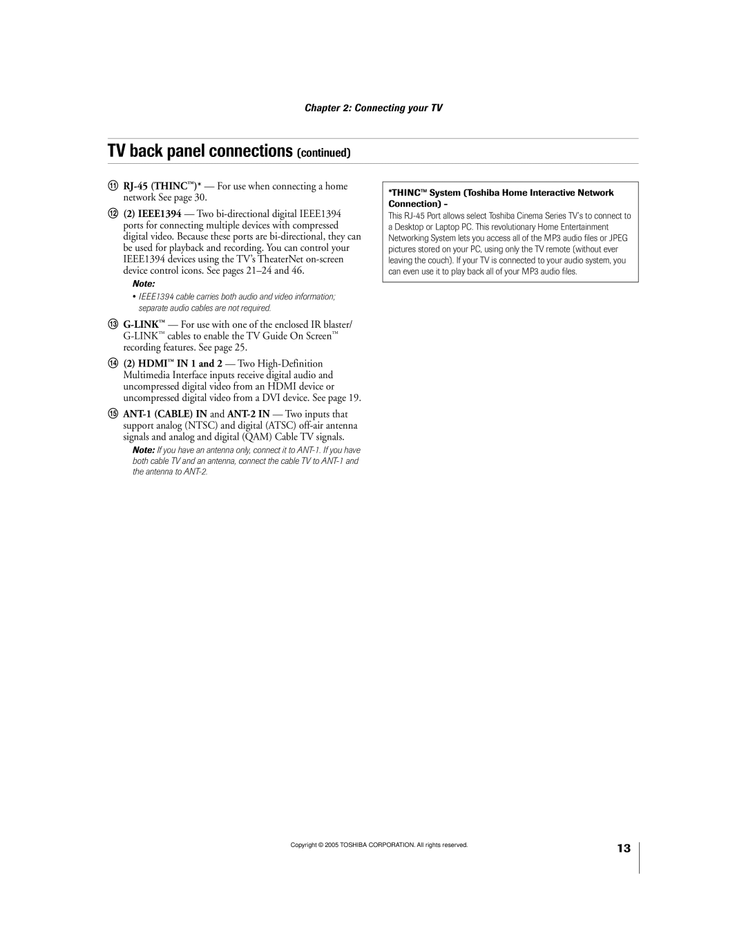 Toshiba 56MX195 owner manual ¡ RJ-45 THINCª* Ñ For use when connecting a home network See 