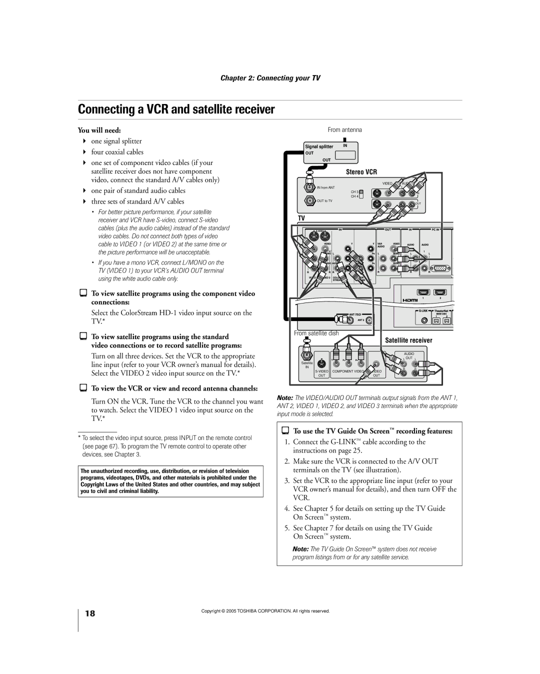 Toshiba 56MX195 Connecting a VCR and satellite receiver, Select the ColorStream HD-1 video input source on the TV 