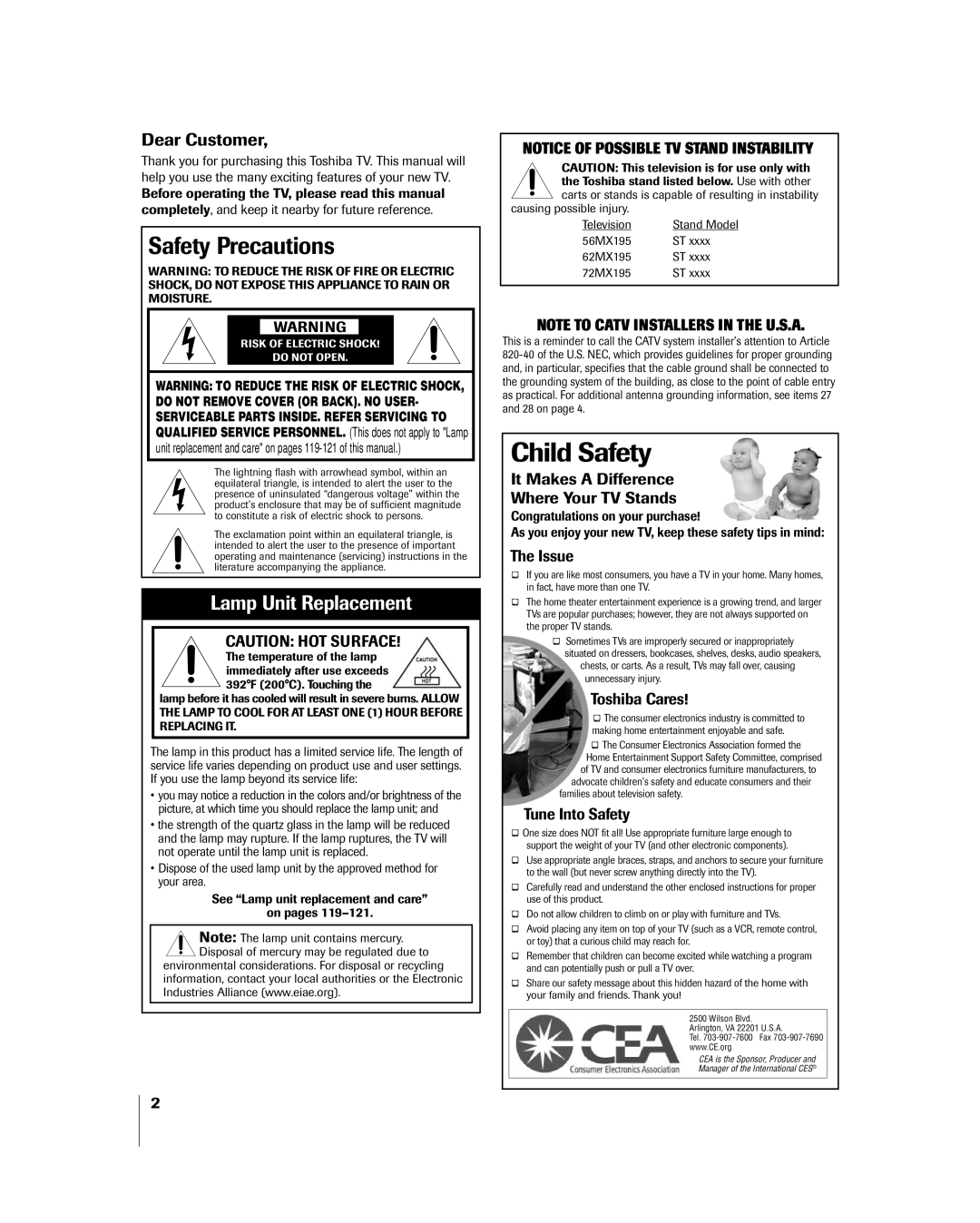 Toshiba owner manual Safety Precautions, 56MX195 62MX195 72MX195 