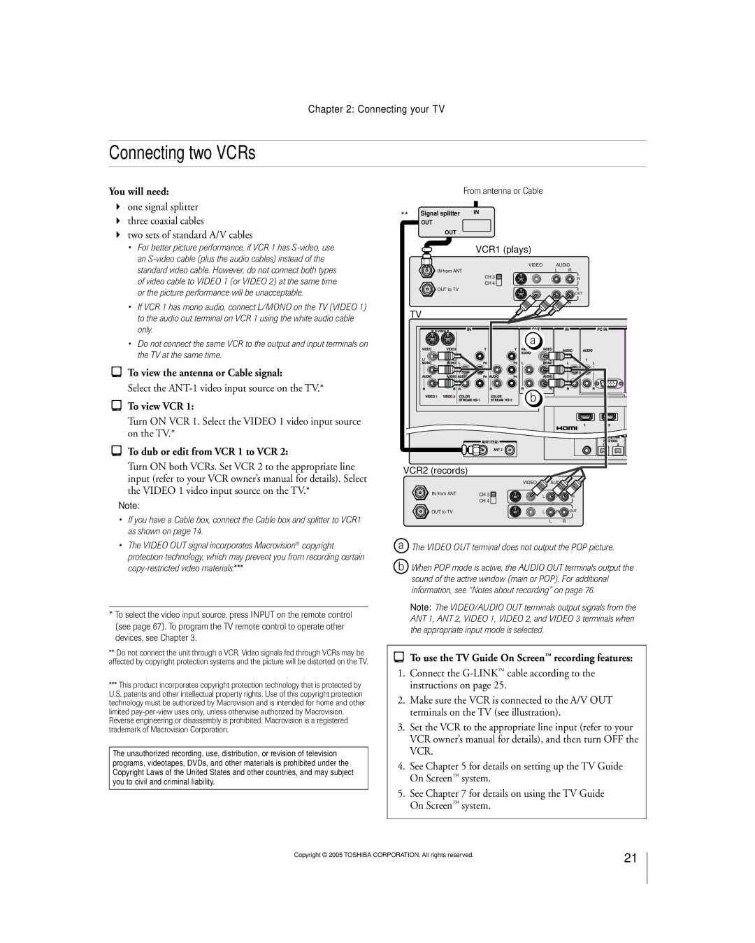 Toshiba 56MX195 owner manual Connecting two VCRs, Select the ANT-1 video input source on the TV, To view VCR 