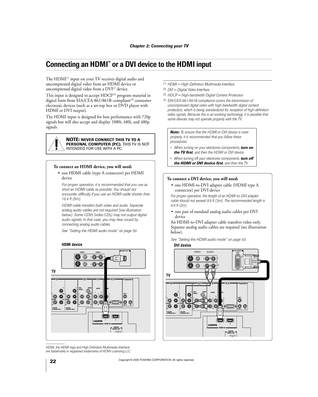 Toshiba 56MX195 Connecting an HDMIª or a DVI device to the Hdmi input, To connect an Hdmi device, you will need 