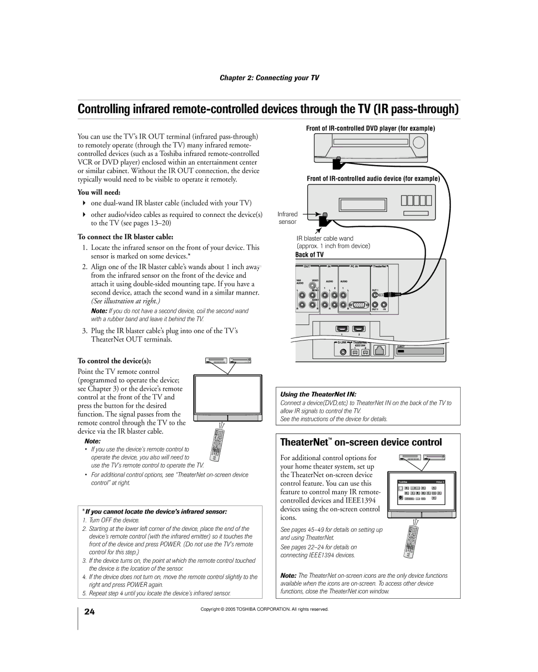 Toshiba 56MX195 owner manual TheaterNetª on-screen device control, To connect the IR blaster cable, To control the devices 