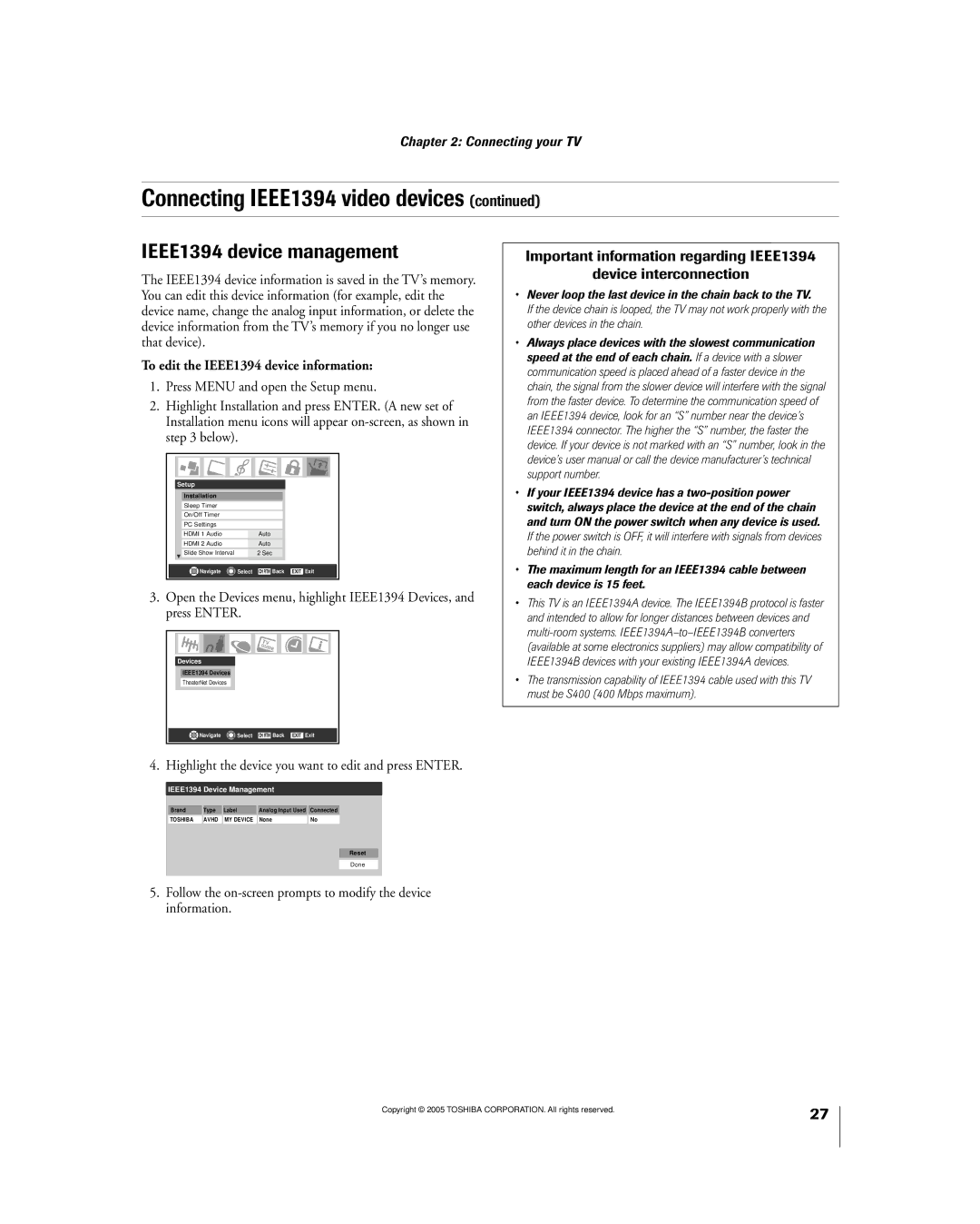 Toshiba 56MX195 owner manual IEEE1394 device management, To edit the IEEE1394 device information 