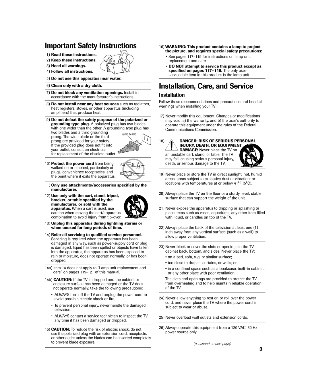 Toshiba 56MX195 Important Safety Instructions, Installation, Care, and Service, For replacement of the obsolete outlet 