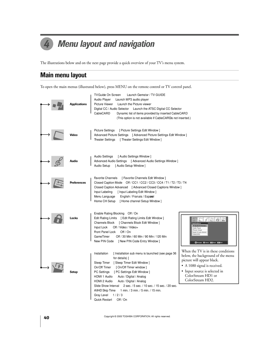 Toshiba 56MX195 owner manual Menu layout and navigation, Main menu layout 