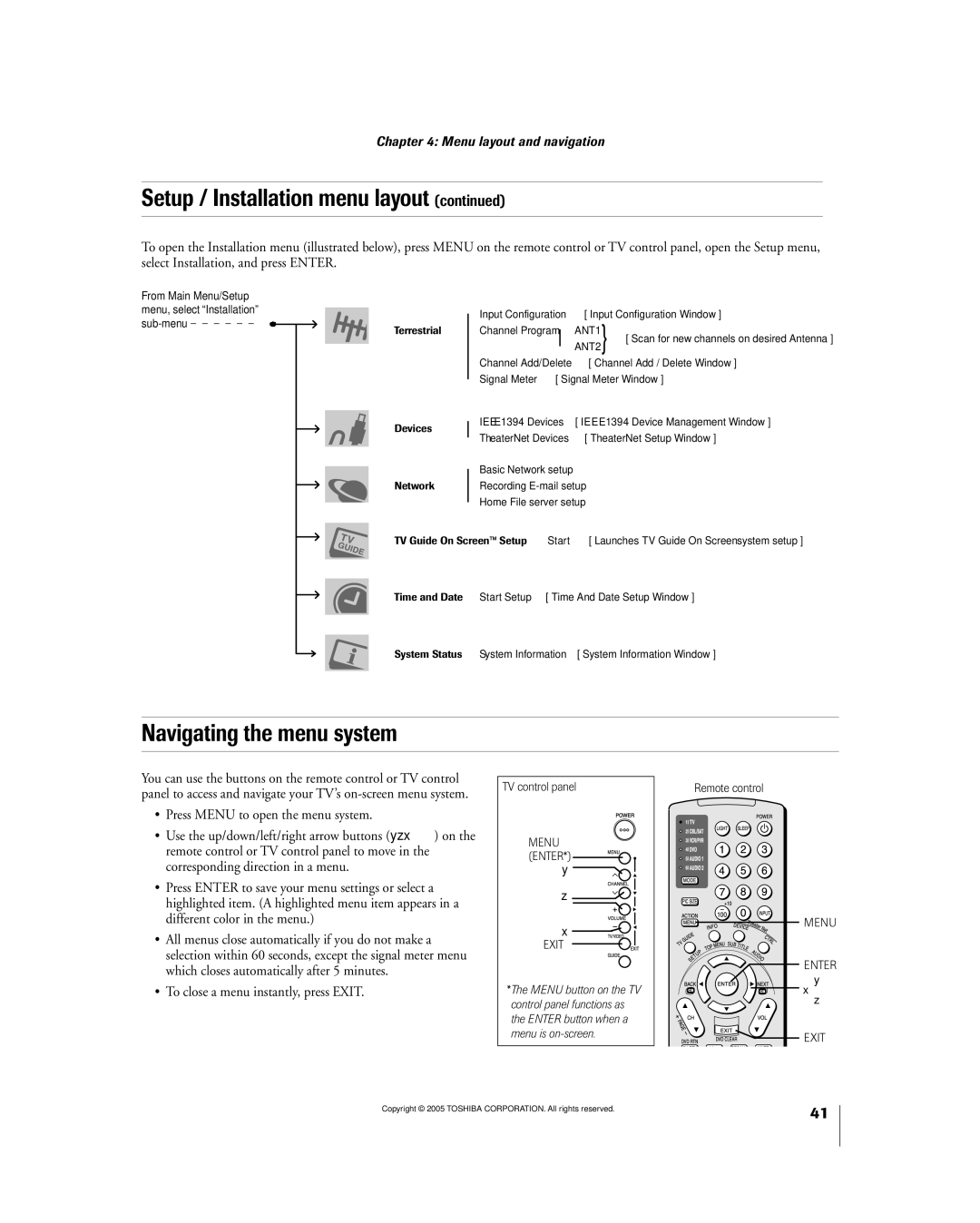 Toshiba 56MX195 owner manual Setup / Installation menu layout, Navigating the menu system, TV control panel, Remote control 