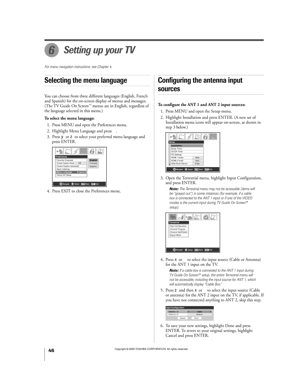 Toshiba 56MX195 owner manual Setting up your TV, Selecting the menu language, Configuring the antenna input sources 