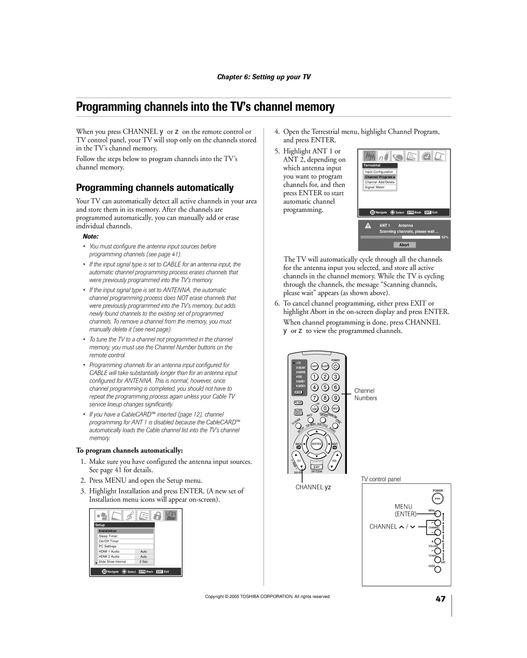 Toshiba 56MX195 owner manual Programming channels into the TVÕs channel memory, Programming channels automatically, Channel 