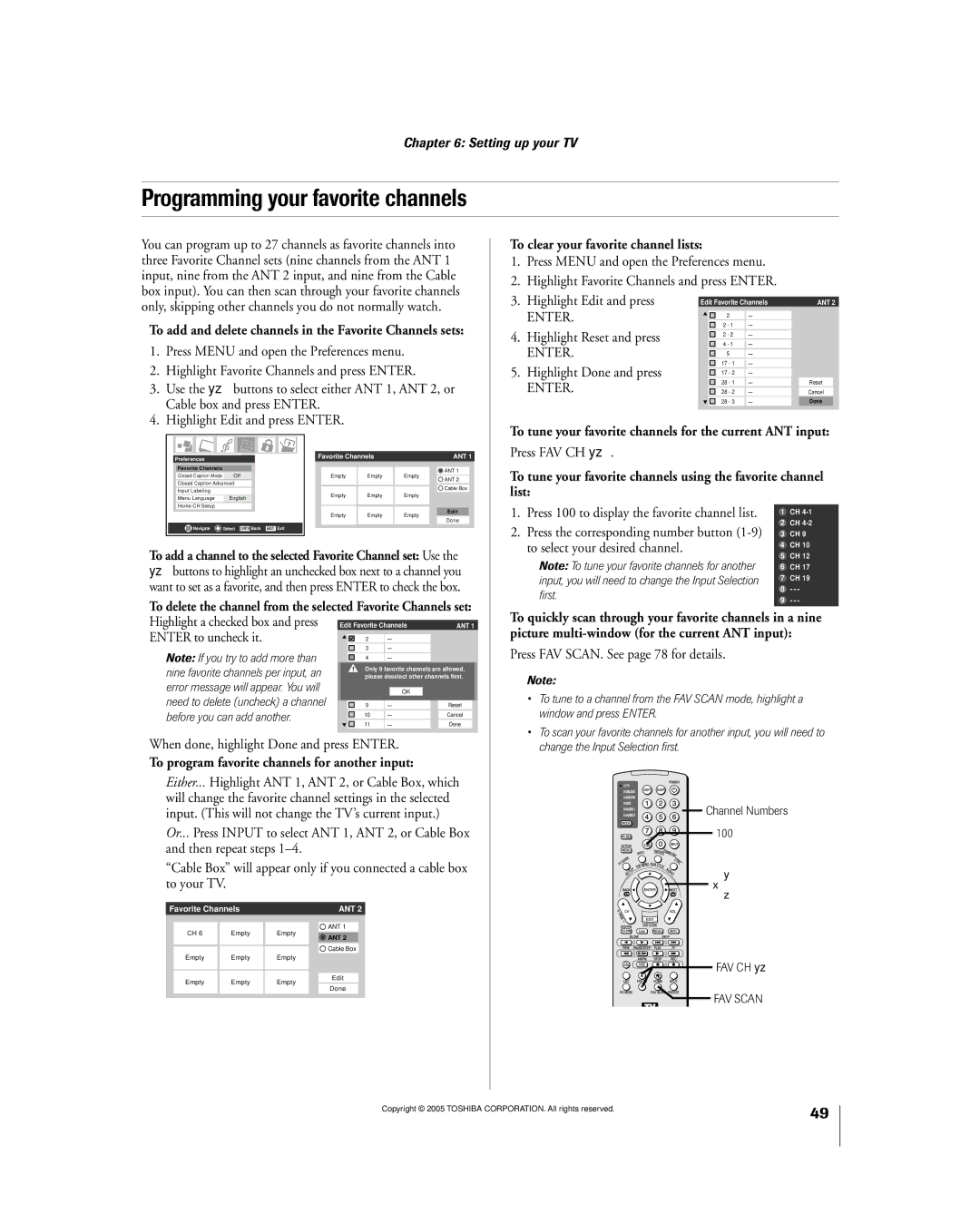 Toshiba 56MX195 owner manual Programming your favorite channels, To add and delete channels in the Favorite Channels sets 