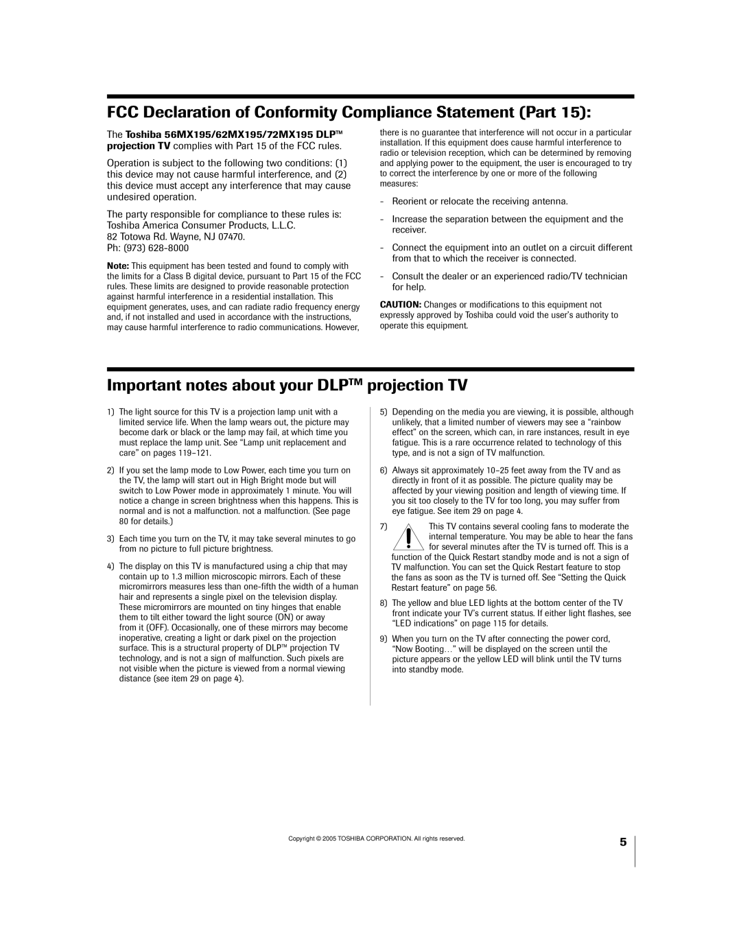 Toshiba 56MX195 FCC Declaration of Conformity Compliance Statement Part, Important notes about your Dlptm projection TV 