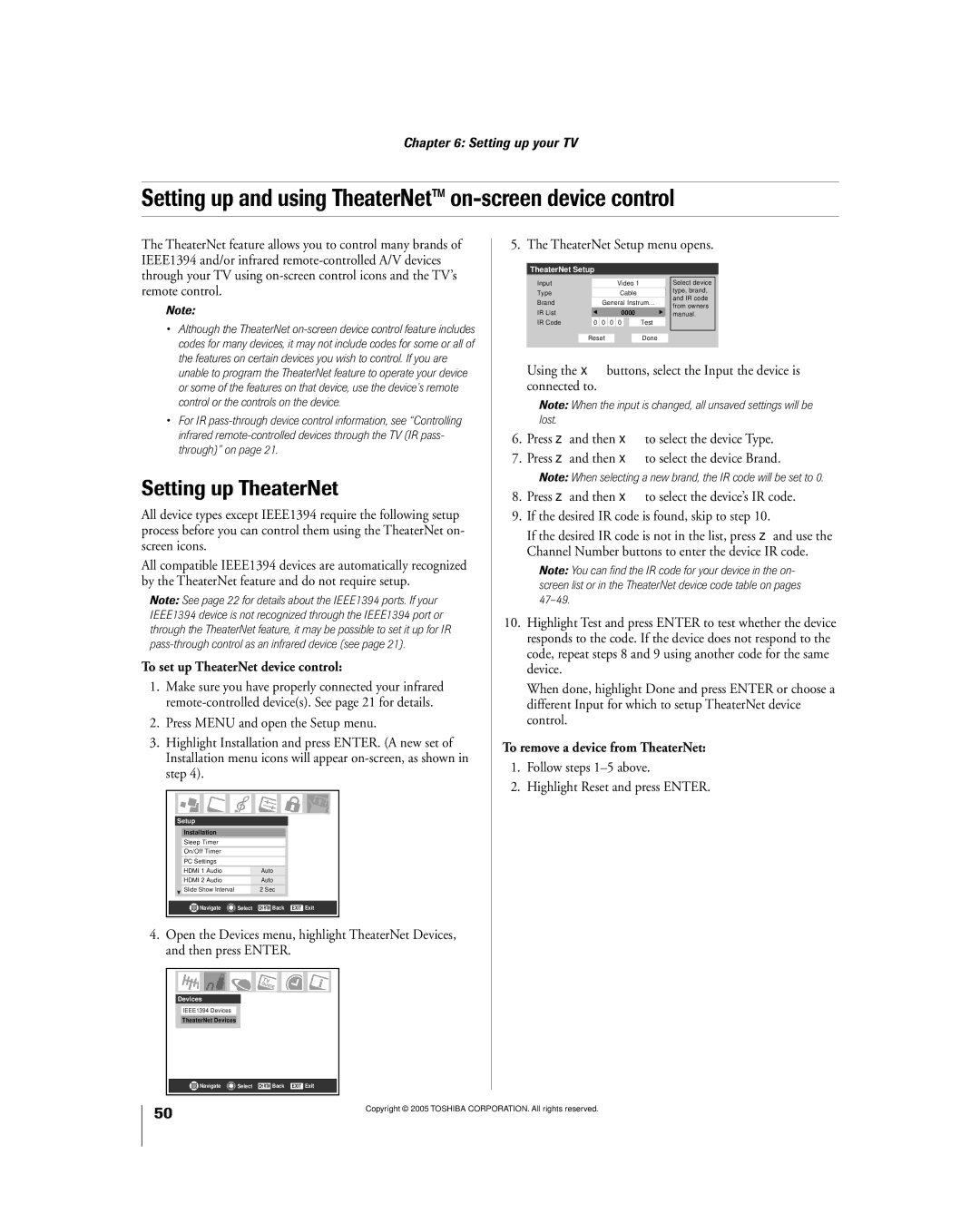 Toshiba 56MX195 owner manual Setting up and using TheaterNetª on-screen device control, Setting up TheaterNet 