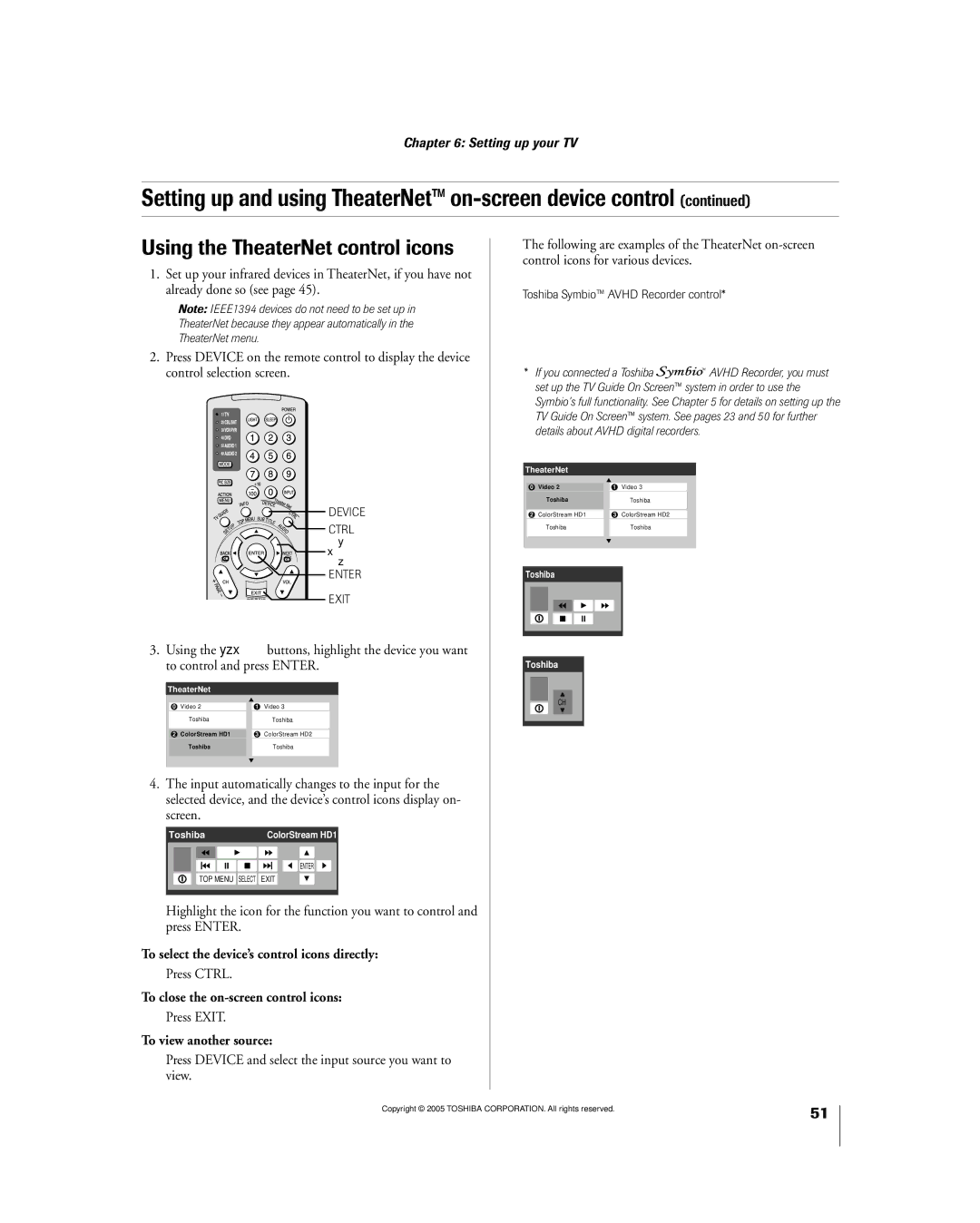 Toshiba 56MX195 Using the TheaterNet control icons, To select the deviceÕs control icons directly, To view another source 