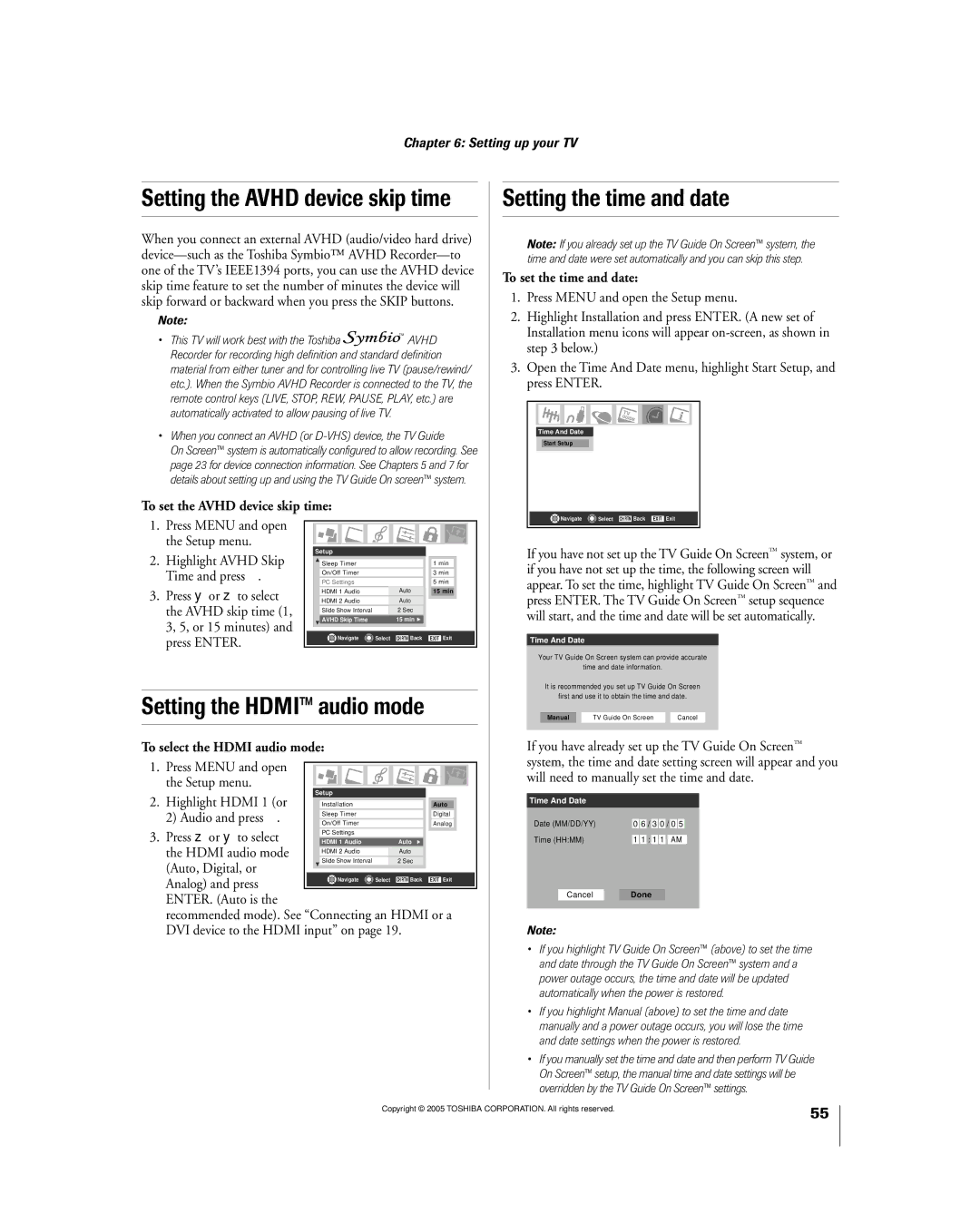 Toshiba 56MX195 owner manual Setting the time and date, Setting the HDMIª audio mode, To set the Avhd device skip time 