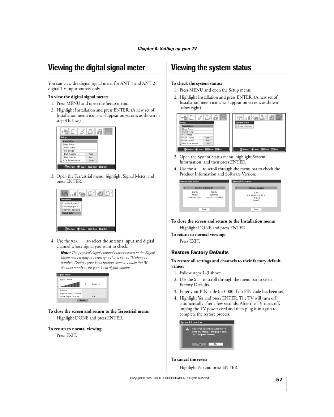 Toshiba 56MX195 owner manual Viewing the digital signal meter, Viewing the system status 