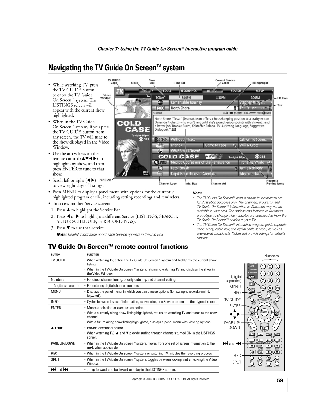 Toshiba 56MX195 owner manual Navigating the TV Guide On Screenª system, TV Guide On Screenª remote control functions 