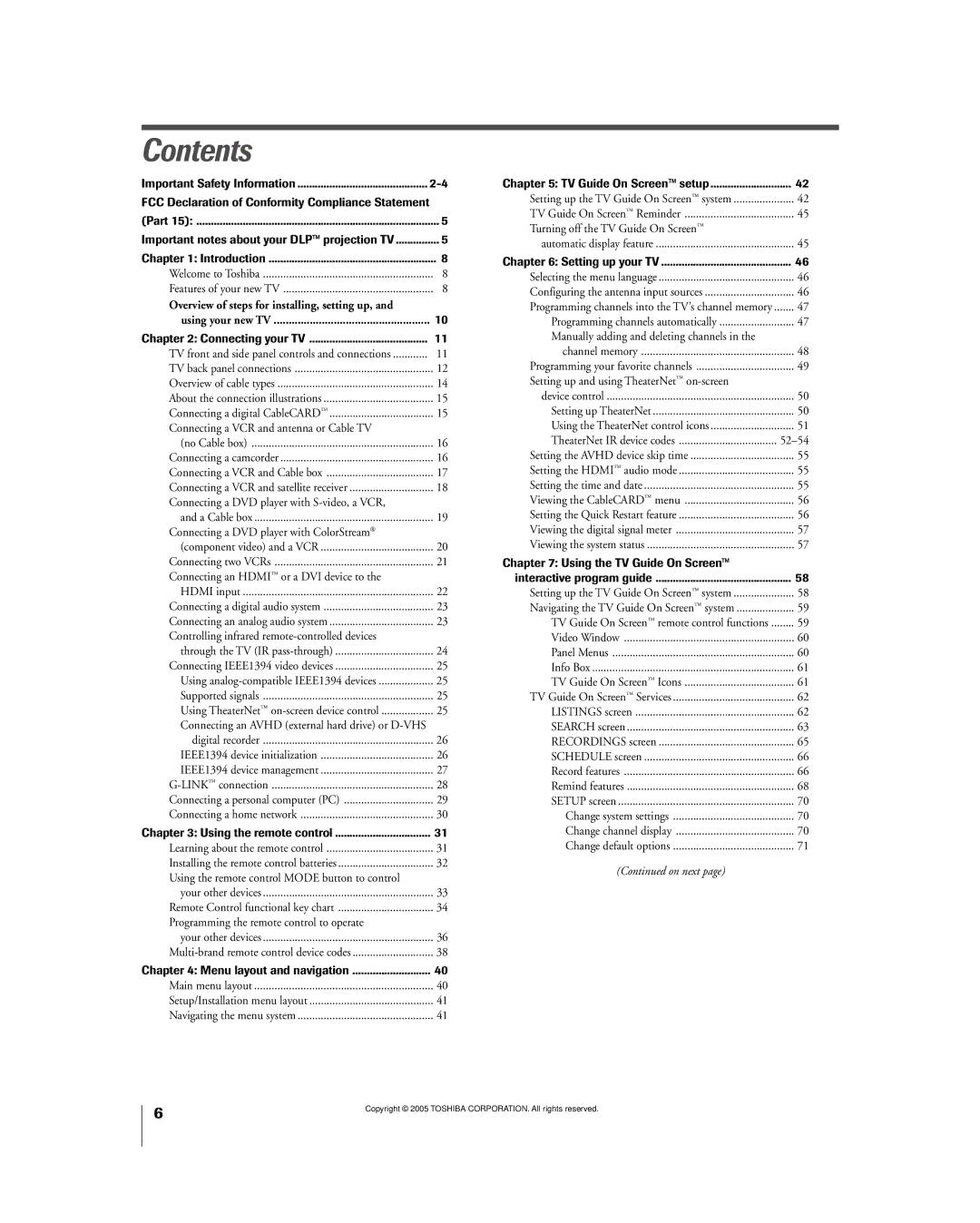 Toshiba 56MX195 owner manual Contents 