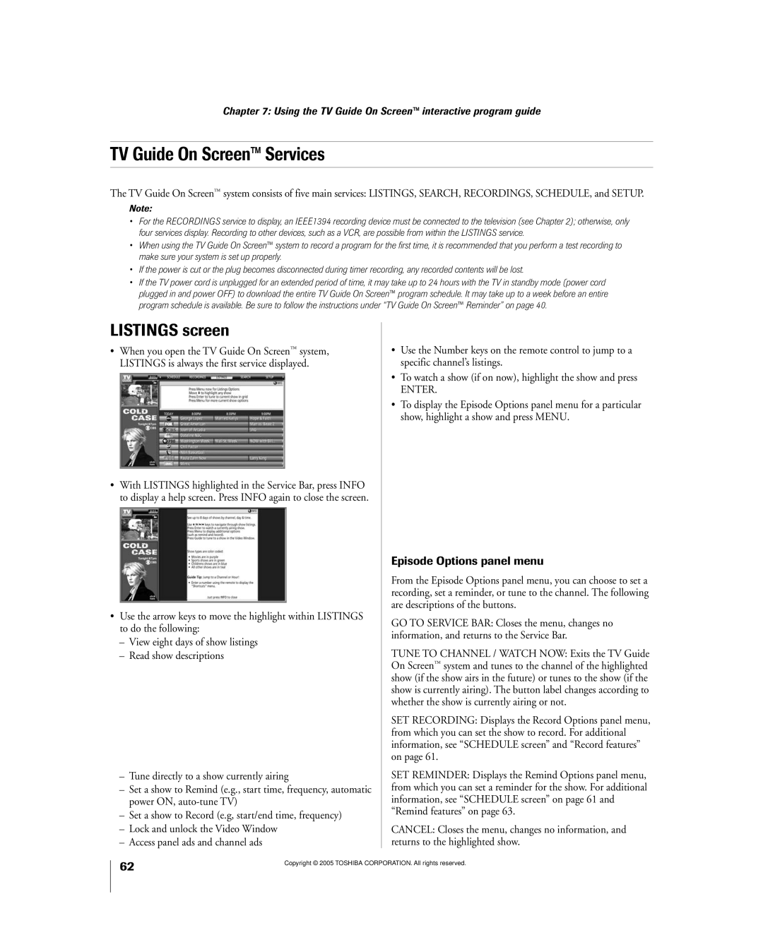 Toshiba 56MX195 owner manual TV Guide On Screenª Services, Listings screen 