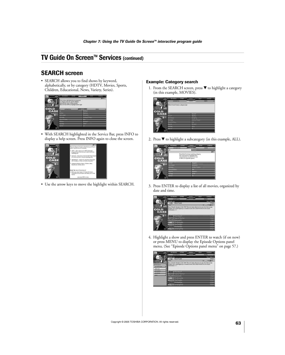 Toshiba 56MX195 owner manual Search screen, Example Category search 