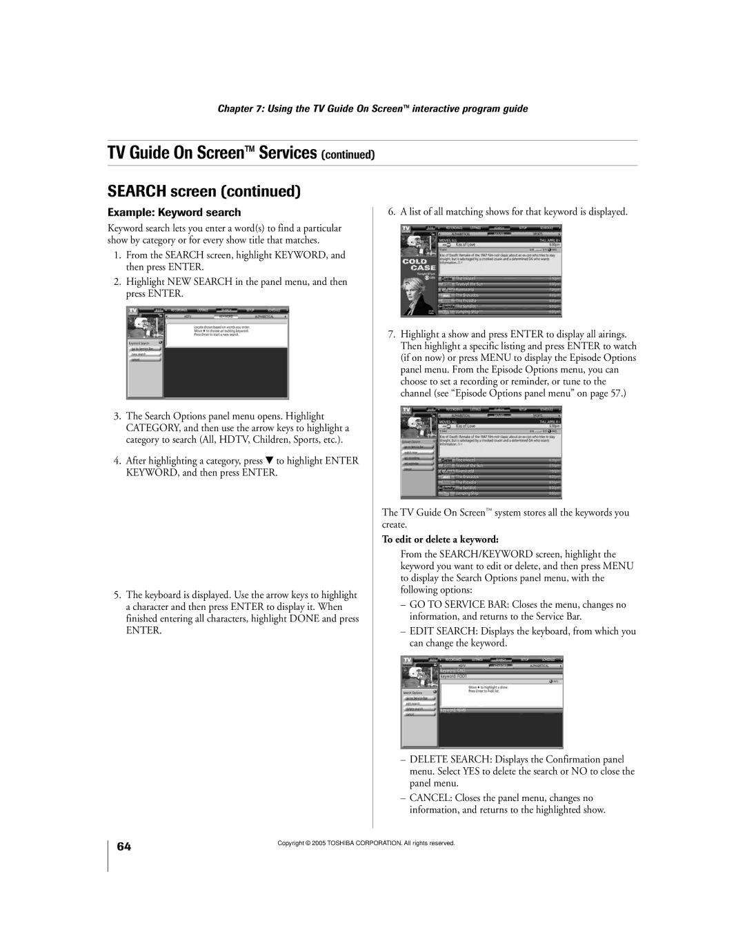 Toshiba 56MX195 owner manual List of all matching shows for that keyword is displayed, To edit or delete a keyword 