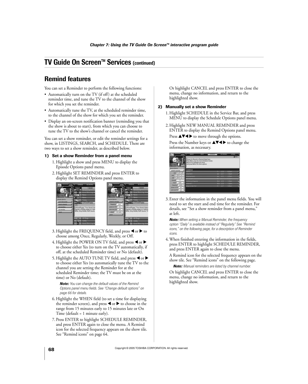 Toshiba 56MX195 owner manual Remind features, Set a show Reminder from a panel menu, Manually set a show Reminder 