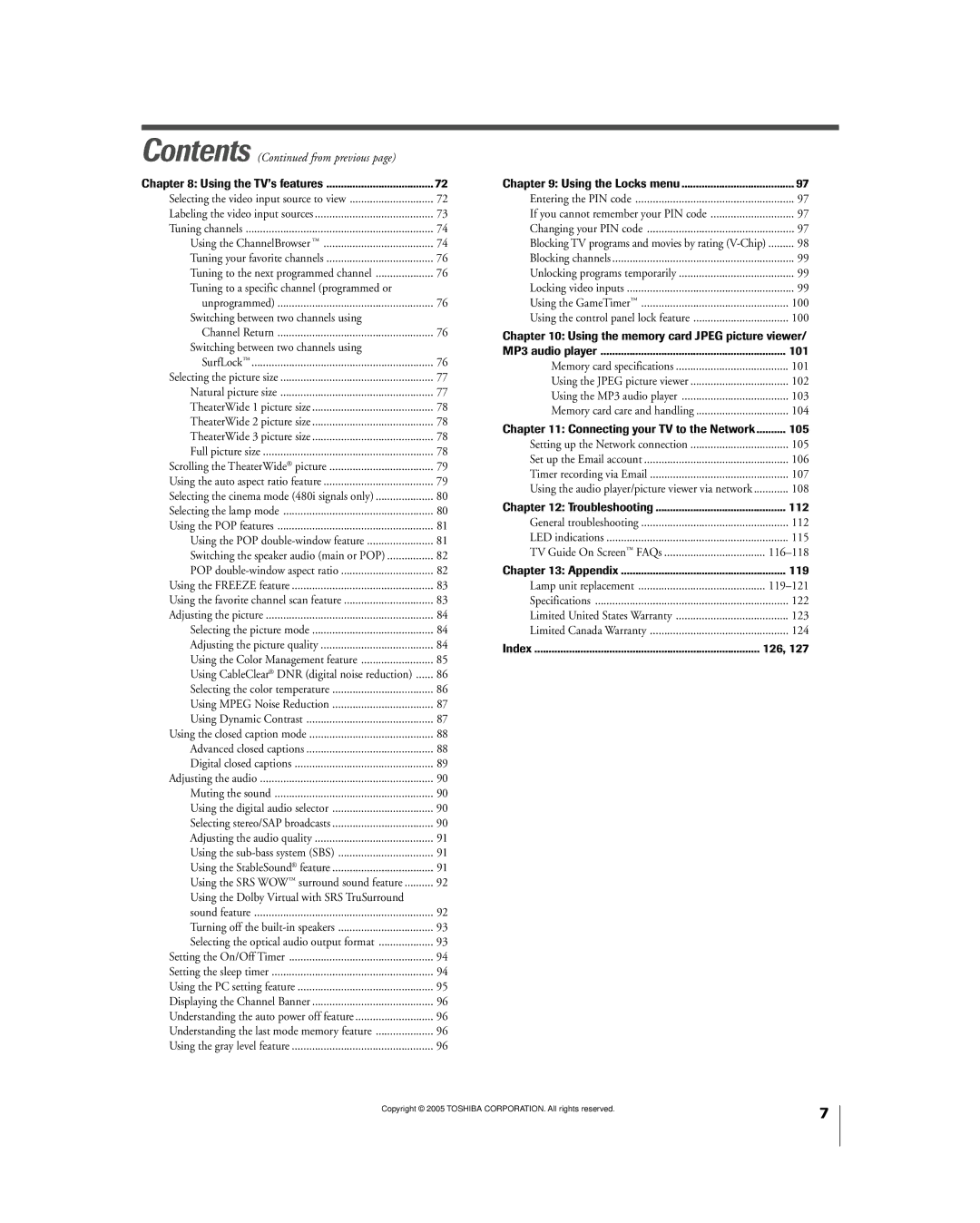 Toshiba 56MX195 owner manual 101, 105, 112, 119 