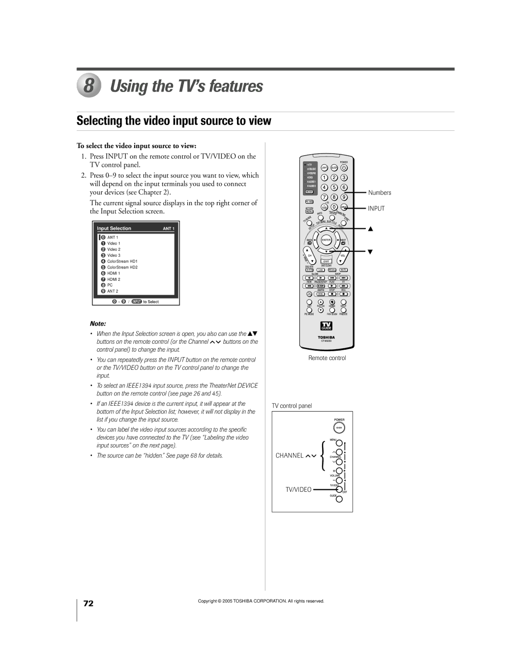 Toshiba 56MX195 Using the TV’s features, Selecting the video input source to view, Remote control TV control panel 