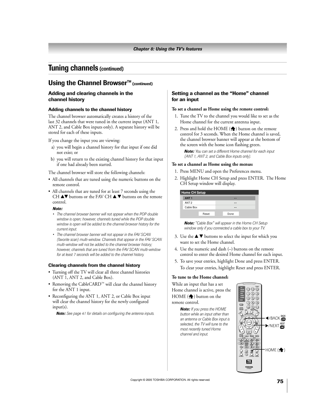 Toshiba 56MX195 Using the Channel Browserª, To set a channel as Home using the remote control, To tune to the Home channel 