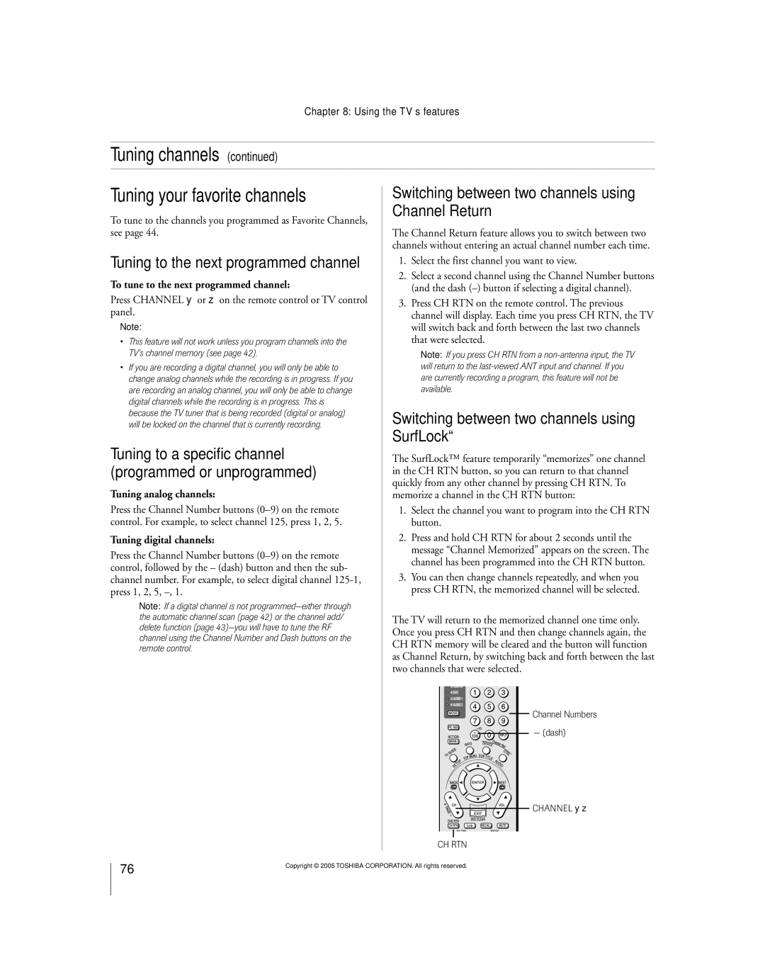 Toshiba 56MX195 owner manual Tuning channels Tuning your favorite channels, Tuning to the next programmed channel 