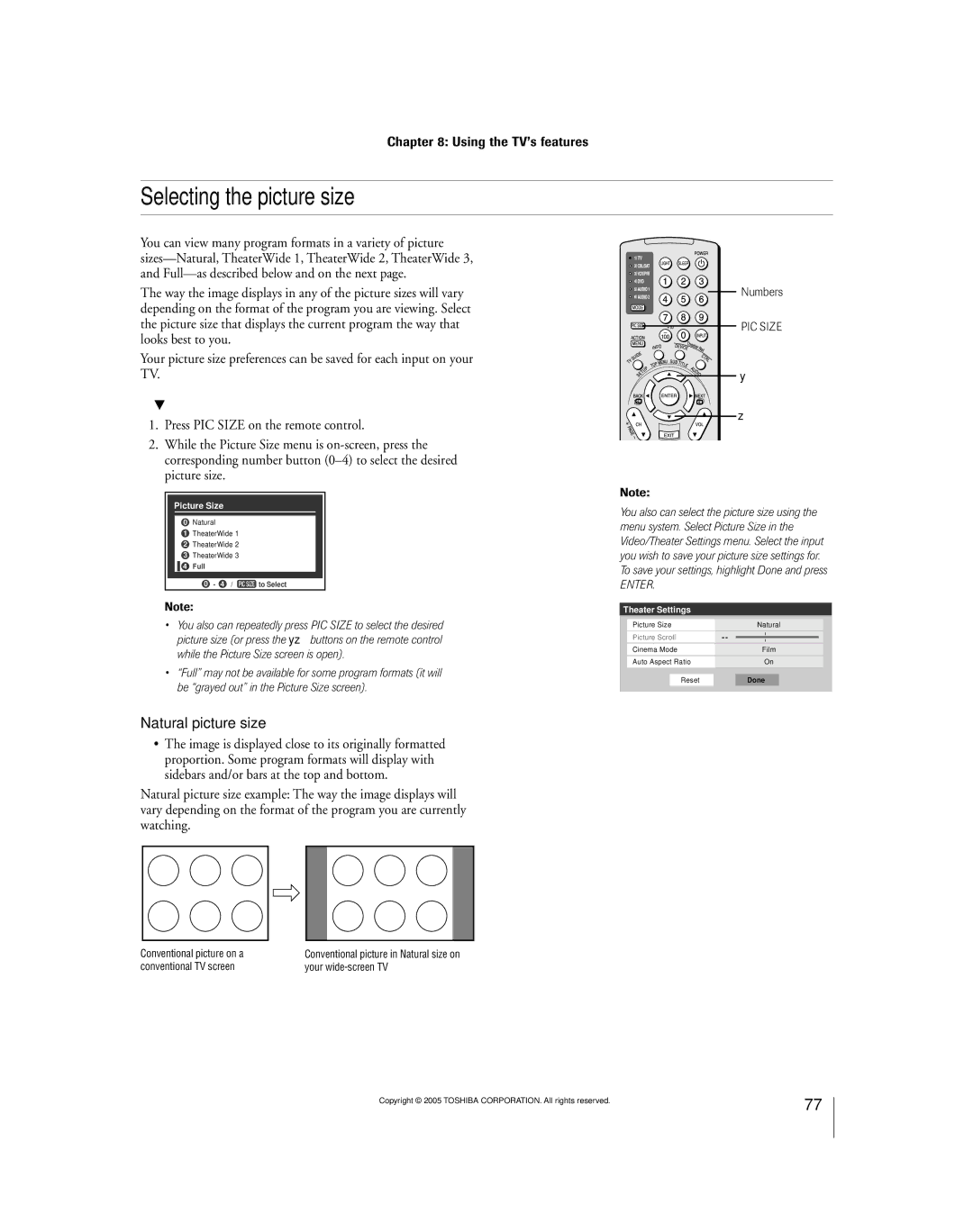 Toshiba 56MX195 owner manual Selecting the picture size, To select the picture size 