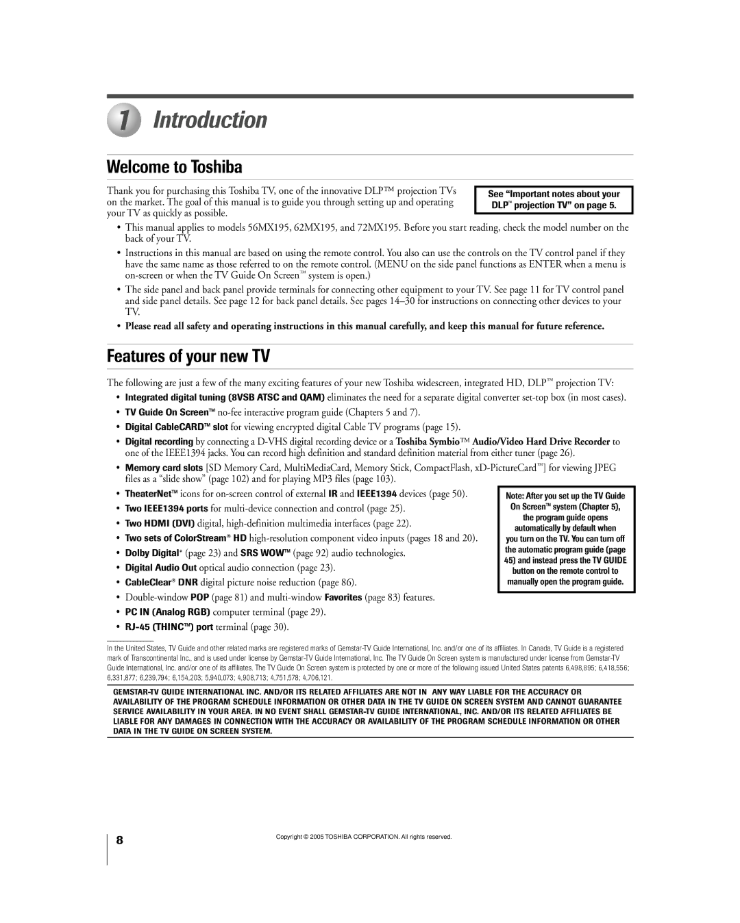 Toshiba 56MX195 owner manual Introduction, Welcome to Toshiba, Features of your new TV, ¥ RJ-45 THINCª port terminal 