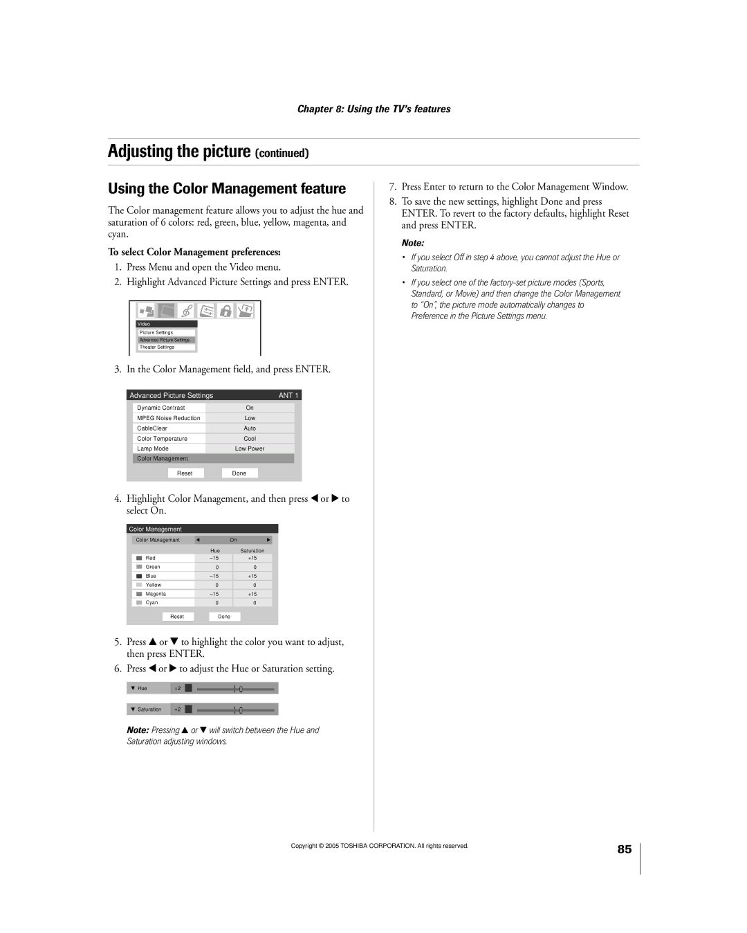 Toshiba 56MX195 owner manual Using the Color Management feature, To select Color Management preferences 