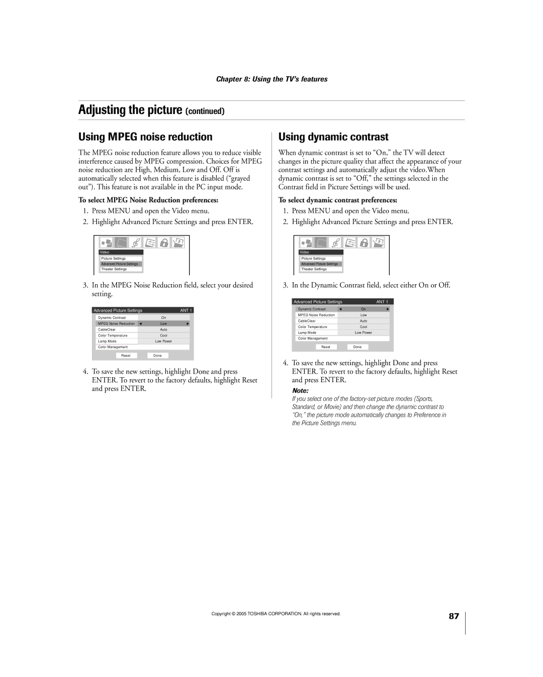 Toshiba 56MX195 owner manual Using Mpeg noise reduction, Using dynamic contrast, To select Mpeg Noise Reduction preferences 