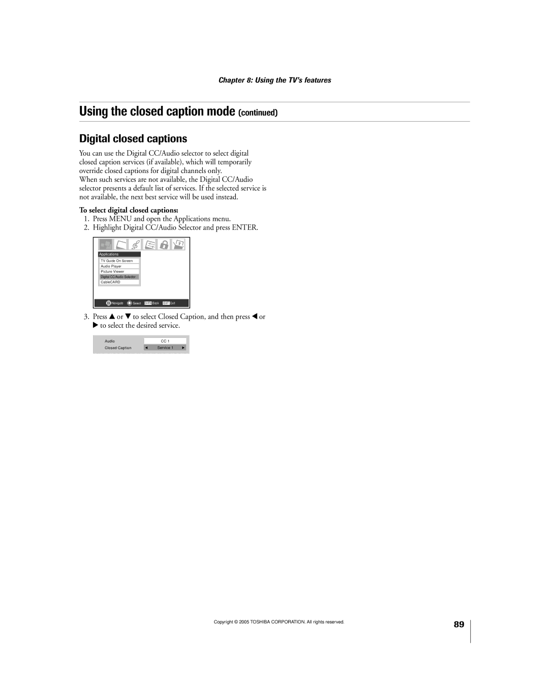 Toshiba 56MX195 owner manual Digital closed captions, To select digital closed captions 