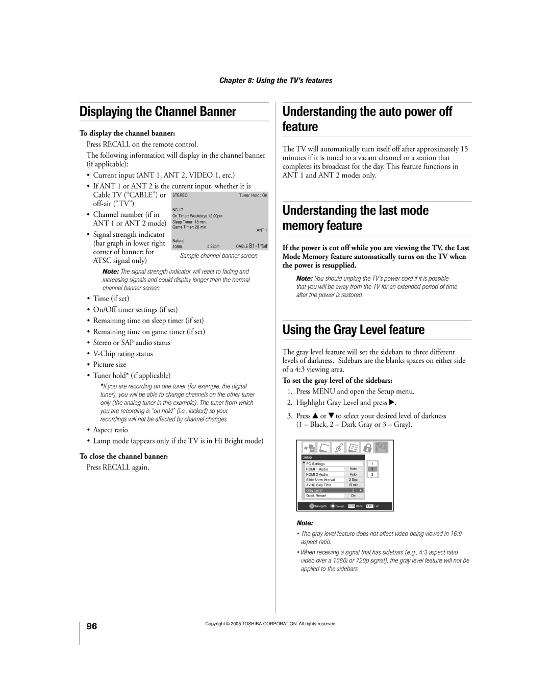 Toshiba 56MX195 Displaying the Channel Banner, Understanding the auto power off feature, Using the Gray Level feature 